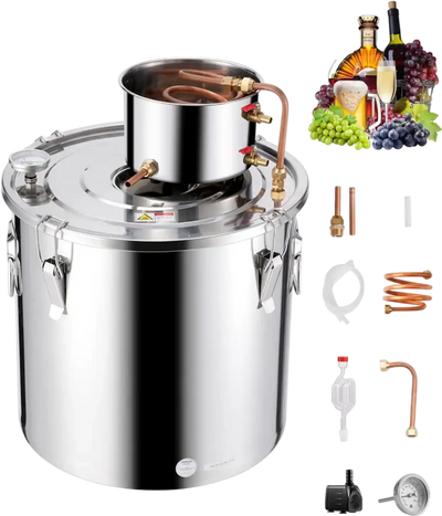 VEVOR Alcohol Still, 13.2 Gal / 50 L Stainless Steel Water Alcohol Distiller with Copper Coil, Home Brewing Refining Fermentation Kit with Thermometer & Pump, for Wine Whisky Brandy, Silver