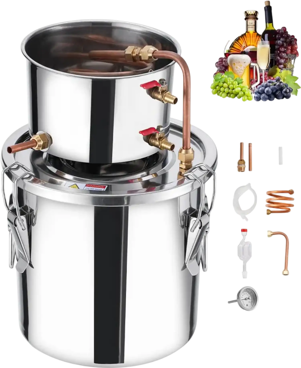 VEVOR Alcohol Still, 3 Gal / 11.4 L Stainless Steel Water Alcohol Distiller with Copper Coil, Home Brewing Refining Fermentation Kit with Thermometer, for Wine Whisky Brandy, Silver