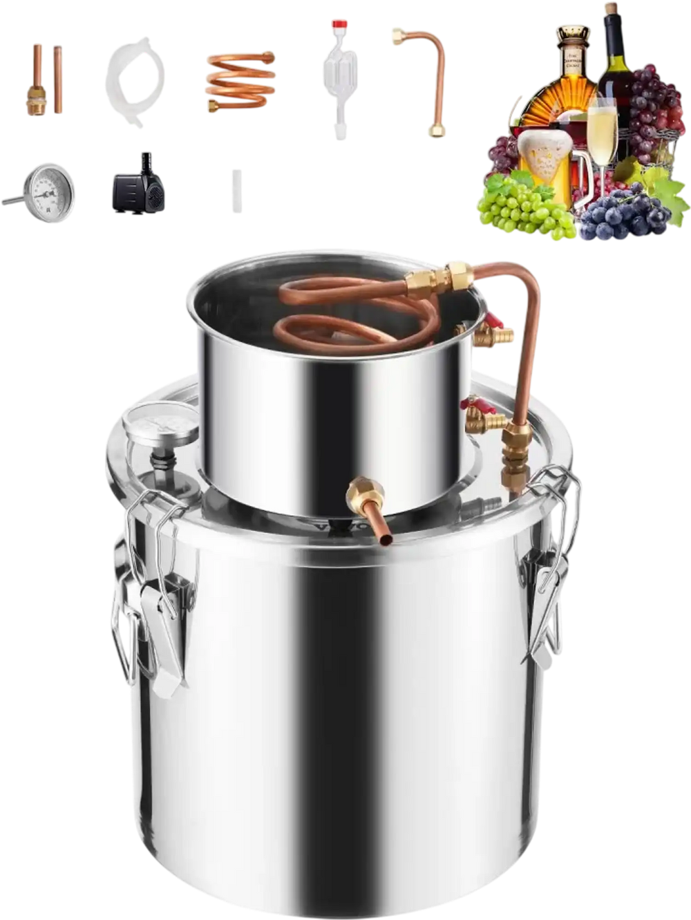 VEVOR Alcohol Still, 5 Gal / 19 L Stainless Steel Water Alcohol Distiller with Copper Coil, Home Brewing Refining Fermentation Kit with Thermometer & Pump, for Wine Whisky Brandy, Silver