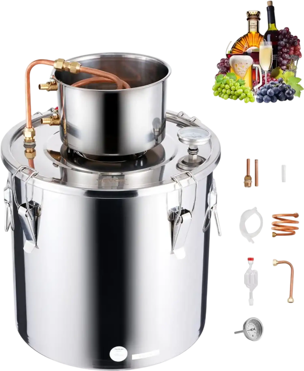 VEVOR Alcohol Still, 8 Gal / 30 L Stainless Steel Water Alcohol Distiller with Copper Coil, Home Brewing Refining Fermentation Kit with Thermometer, for Wine Whisky Brandy, Silver