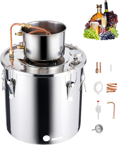 VEVOR Alcohol Still, 8 Gal / 30 L Stainless Steel Water Alcohol Distiller with Copper Coil, Home Brewing Refining Fermentation Kit with Thermometer, for Wine Whisky Brandy, Silver