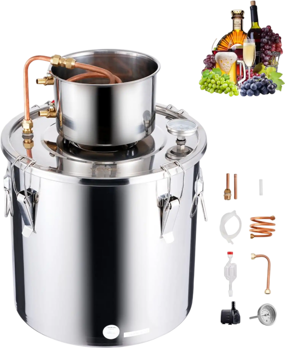 VEVOR Alcohol Still, 8 Gal / 30 L Stainless Steel Water Alcohol Distiller with Copper Coil, Home Brewing Refining Fermentation Kit with Thermometer & Pump, for Wine Whisky Brandy, Silver