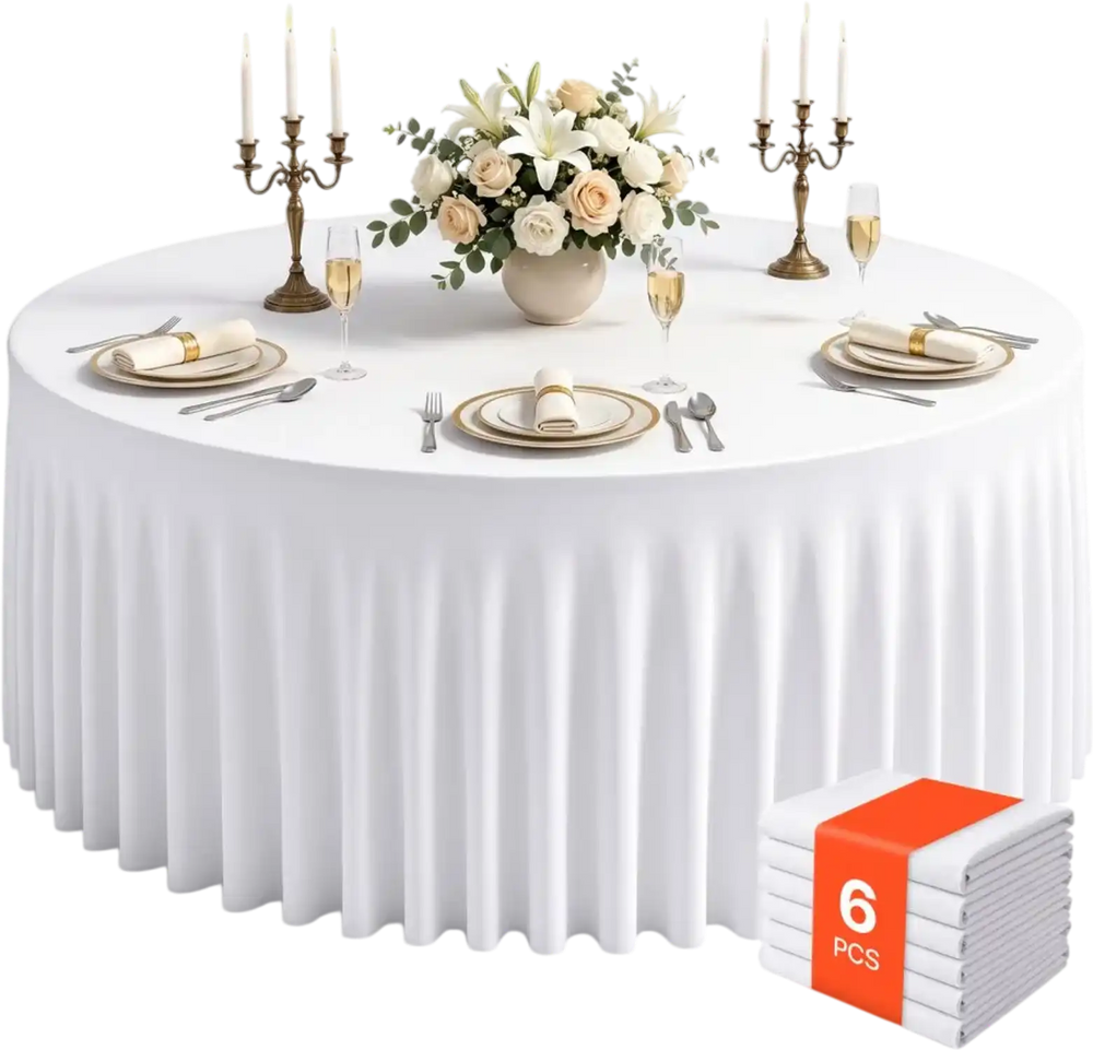 VEVOR Spandex Tablecloth with Skirt, 60-in Round Table Covers 6 Pack, White, for Party Wedding Banquet Festival, Washable, Reusable, One-Piece, Tight, Fitted Table Cloth with Pleated Skirt