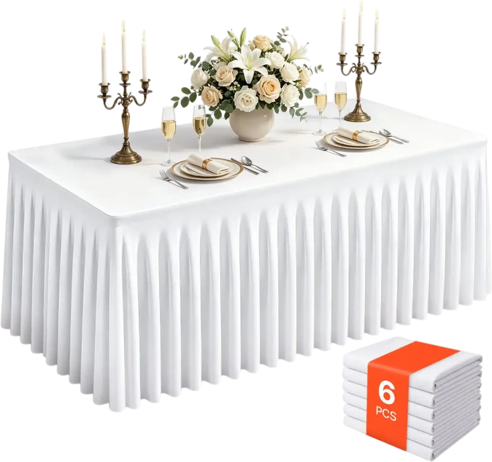 VEVOR Spandex Tablecloth with Skirt, 6 ft Rectangular Covers, 6 Pack, White, for Party Wedding Banquet Festival, Washable, Reusable, One-Piece, Tight, Fitted Table Cloth with Pleated Skirt