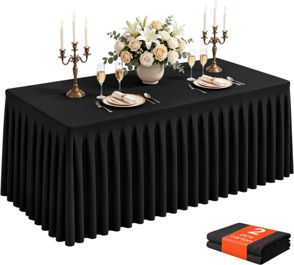 VEVOR Spandex Tablecloth with Skirt, 6 ft Rectangular Covers, 2 Pack, Black, for Party Wedding Banquet Festival, Washable, Reusable, One-Piece, Tight, Fitted Table Cloth with Pleated Skirt