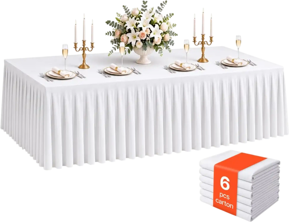 VEVOR Spandex Tablecloth with Skirt, 8 ft Rectangular Covers, 6 Pack, White, for Party Wedding Banquet Festival, Washable, Reusable, One-Piece, Tight, Fitted Table Cloth with Pleated Skirt