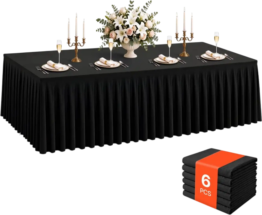 VEVOR Spandex Tablecloth with Skirt, 8 ft Rectangular Covers, 6 Pack, Black, for Party Wedding Banquet Festival, Washable, Reusable, One-Piece, Tight, Fitted Table Cloth with Pleated Skirt