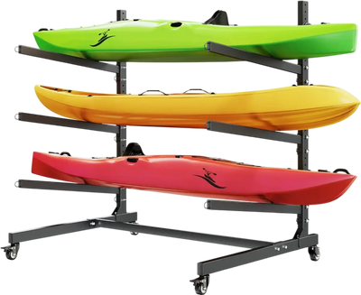 Vevor Kayak Storage Rack Adjustable Freestanding Stand for 3 Kayaks with Lockable Wheels New