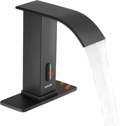 VEVOR Touchless Bathroom Sink Faucet, Automatic Motion Sensor Waterfall Restroom Toilet Faucet with Hole Cover Plate, Battery Operated,Hot/Cold Water for 9/16 in Pipe Commercial Lavatory,Matte Black