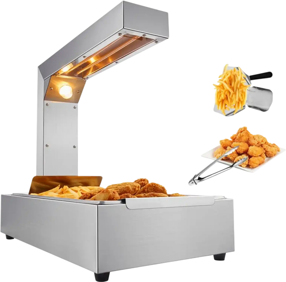 VEVOR French Fry Food Warmer, 750W Commercial Food Heating Lamp, Electric Stainless Steel Warming Light Dump Station, Countertop 104-122°F Fries Food Warmer for Chip Buffet Kitchen Restaurant, Silver