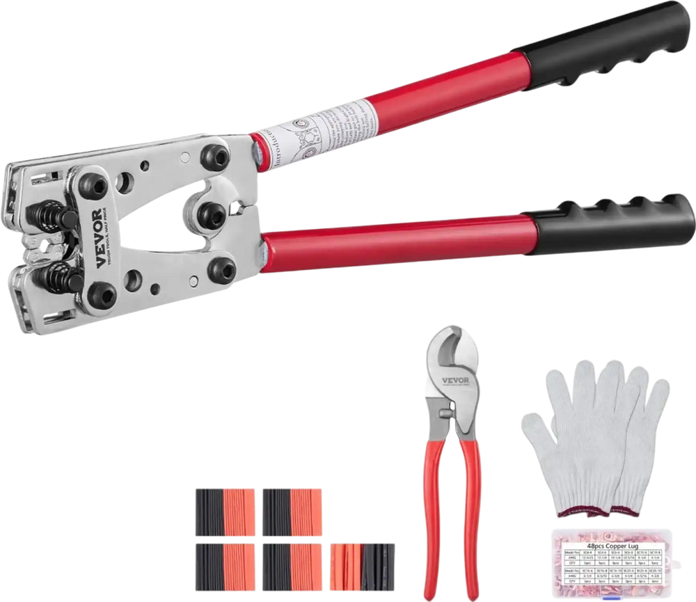 VEVOR Battery Cable Lug Crimping Tool, 10-1/0AWG with Cable Cutter and 48PCS Copper Ring Terminals, 6 Wire Sizes Crimping Die and 100pcs Heat Shrink Tubes, for Heavy Duty Wire Lugs