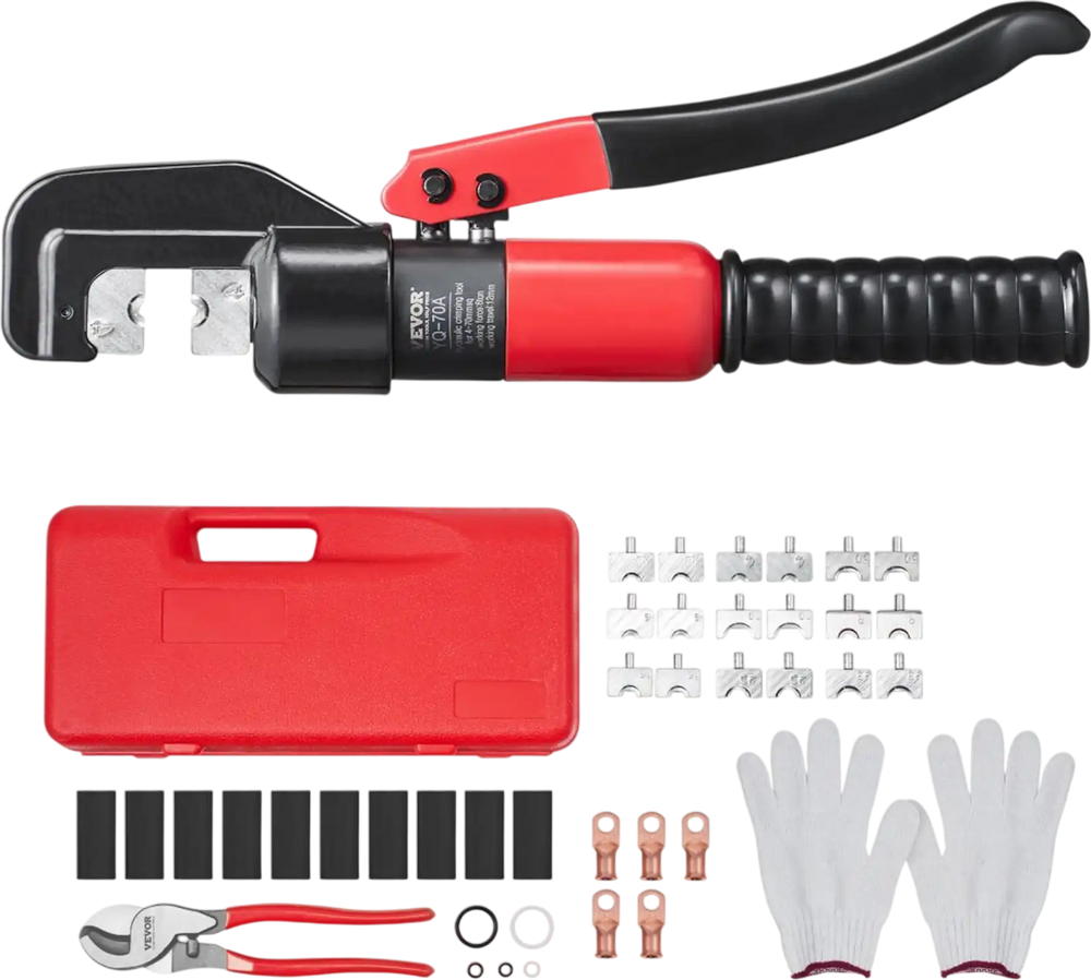 VEVOR Hydraulic Crimping Tool with 9 Sets of  Dies AWG12-2/0 Copper And Aluminum Terminal Battery Lug Crimper, with a Cutting Pliers, Gloves, 5pcs Copper Ring Connectors, 8pcs Heat Shrink Sleeves