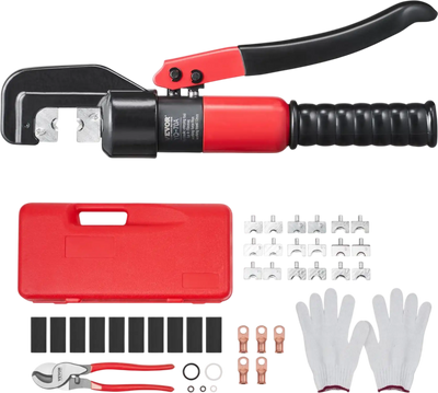 VEVOR Hydraulic Crimping Tool with 9 Sets of  Dies AWG12-2/0 Copper And Aluminum Terminal Battery Lug Crimper, with a Cutting Pliers, Gloves, 5pcs Copper Ring Connectors, 8pcs Heat Shrink Sleeves