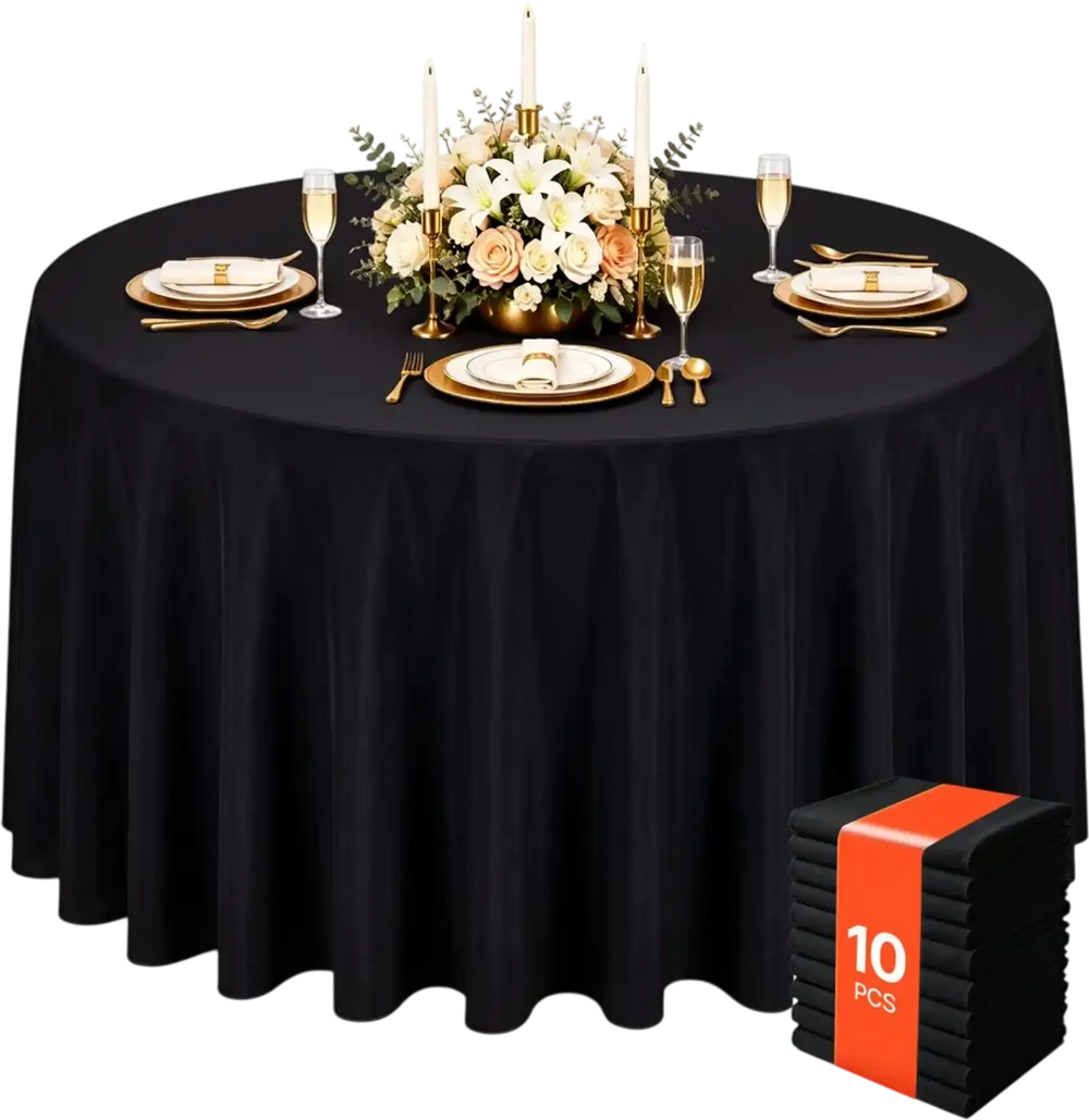 VEVOR Round Tablecloths, 132 in, 10 Pack Black, Polyester Fabric Covers, for Party Wedding Banquet Festival, Washable, Reusable Table Cloth with Neat Hems, Smooth Fabric, Even Drape