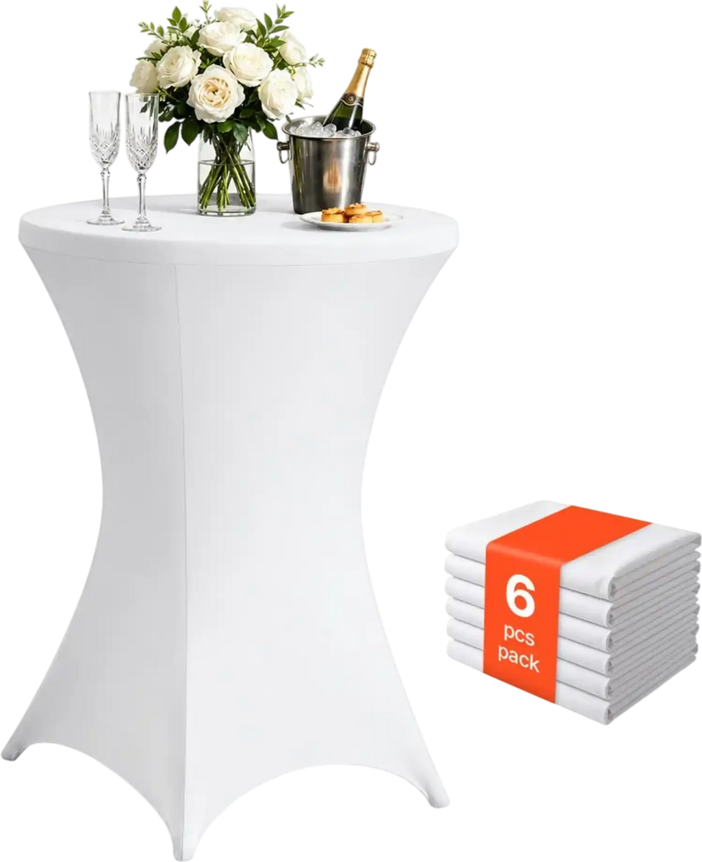 VEVOR Cocktail Tablecloth, 32 x 43 in, 6 Pack, White Stretch Spandex Covers, for Party Wedding Cocktail Banquet Festival, Washable, Reusable, High Top, Tight, Fitted Table Cloth with 4 Foot Pockets