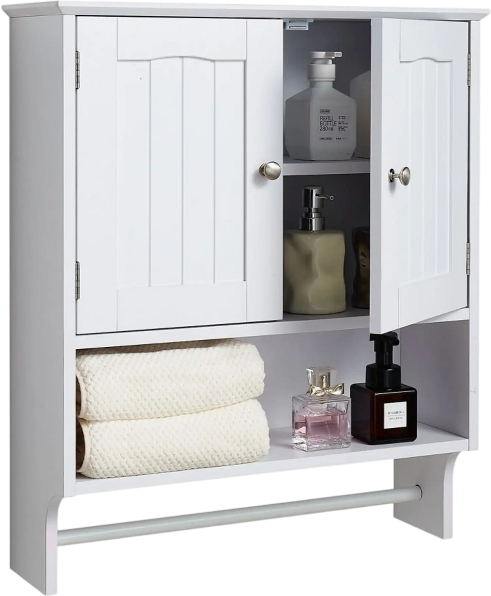 VEVOR Bathroom Wall Cabinet, 2 Doors and Adjustable Shelf, Over the Toilet Storage Medicine Cabinet Wall Mounted, Hanging Organizer with Open Partition and Towel Bar for Laundry Room Kitchen, White