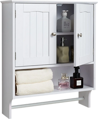VEVOR Bathroom Wall Cabinet, 2 Doors and Adjustable Shelf, Over the Toilet Storage Medicine Cabinet Wall Mounted, Hanging Organizer with Open Partition and Towel Bar for Laundry Room Kitchen, White