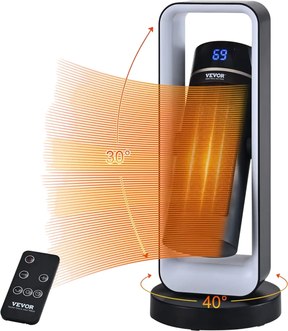 VEVOR Electric Space Heater with Thermostat Remote Control, 1000W/1500W 2-Level Adjustable Quiet Ceramic Heater Fan, 20 in Tip-Over Shutdown Overheat Protection Small Heaters for Office Room Desk Indo