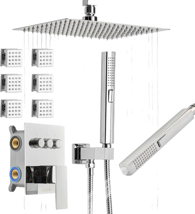 VEVOR Shower Faucet Set, 10 Inch Ceiling Mount Rainfall Shower System with 6 Body Jets and 2 in 1 Handheld Spray, Rotatable 3-Function Rain Head System Set, Complete Brass Valve and Trim Kit, Chrome