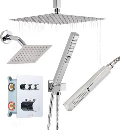 VEVOR Shower Faucet Set, 12 Inch Thermostatic Ceiling Mount Rainfall Shower System with 6 Inch Wall Mount Head and 2 in 1 Handheld Spray, 3-Function Dual Rain Head Brass Valve and Trim Kit, Chrome