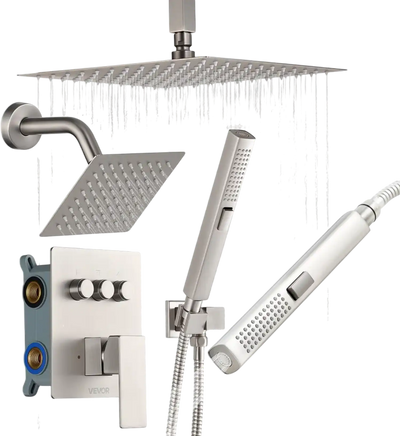 VEVOR Shower Faucet Set, 10 Inch Ceiling Mount Rainfall Shower System with 6 Inch Wall Mount Head and 2 in 1 Handheld Spray, Rotatable 3-Function Dual Rain Head Brass Valve & Trim Kit, Brushed Nickel