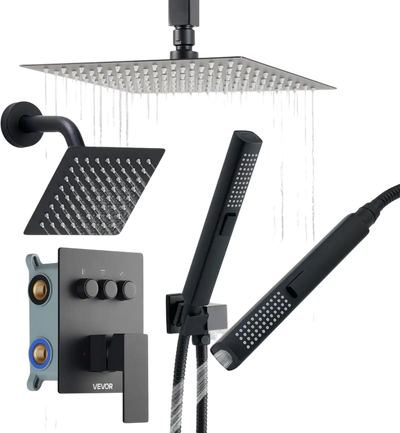 VEVOR Shower Faucet Set, 10 Inch Ceiling Mount Rainfall Shower System with 6 Inch Wall Mount Head and 2 in 1 Handheld Spray, Rotatable 3-Function Dual Rain Head Brass Valve and Trim Kit, Matte Black