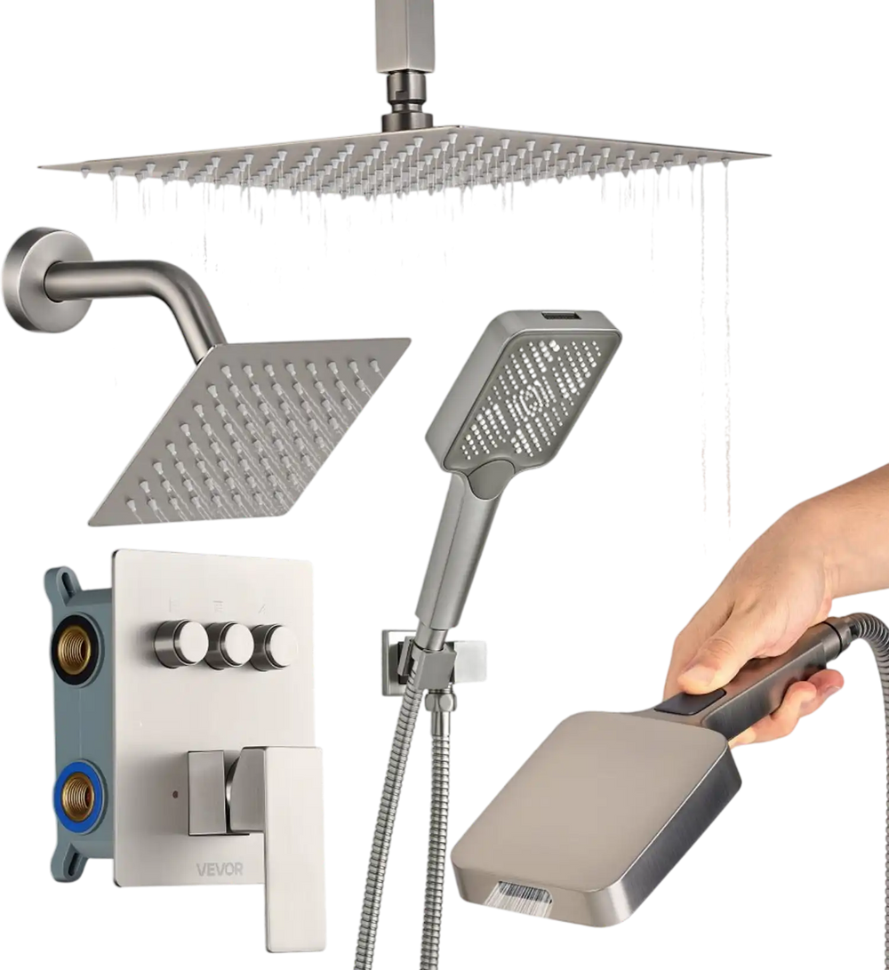 VEVOR Shower Faucet Set, 12 Inch Ceiling Mount Rainfall Shower System with 6 Inch Wall Mount Head and 4 in 1 Handheld Spray, Rotatable 3-Function Dual Rain Head Brass Valve & Trim Kit, Brushed Nickel