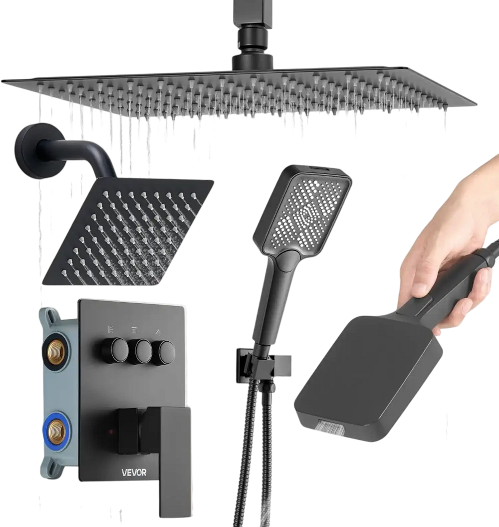 VEVOR Shower Faucet Set, 12 Inch Ceiling Mount Rainfall Shower System with 6 Inch Wall Mount Head and 4 in 1 Handheld Spray, Rotatable 3-Function Dual Rain Head Brass Valve and Trim Kit, Matte Black