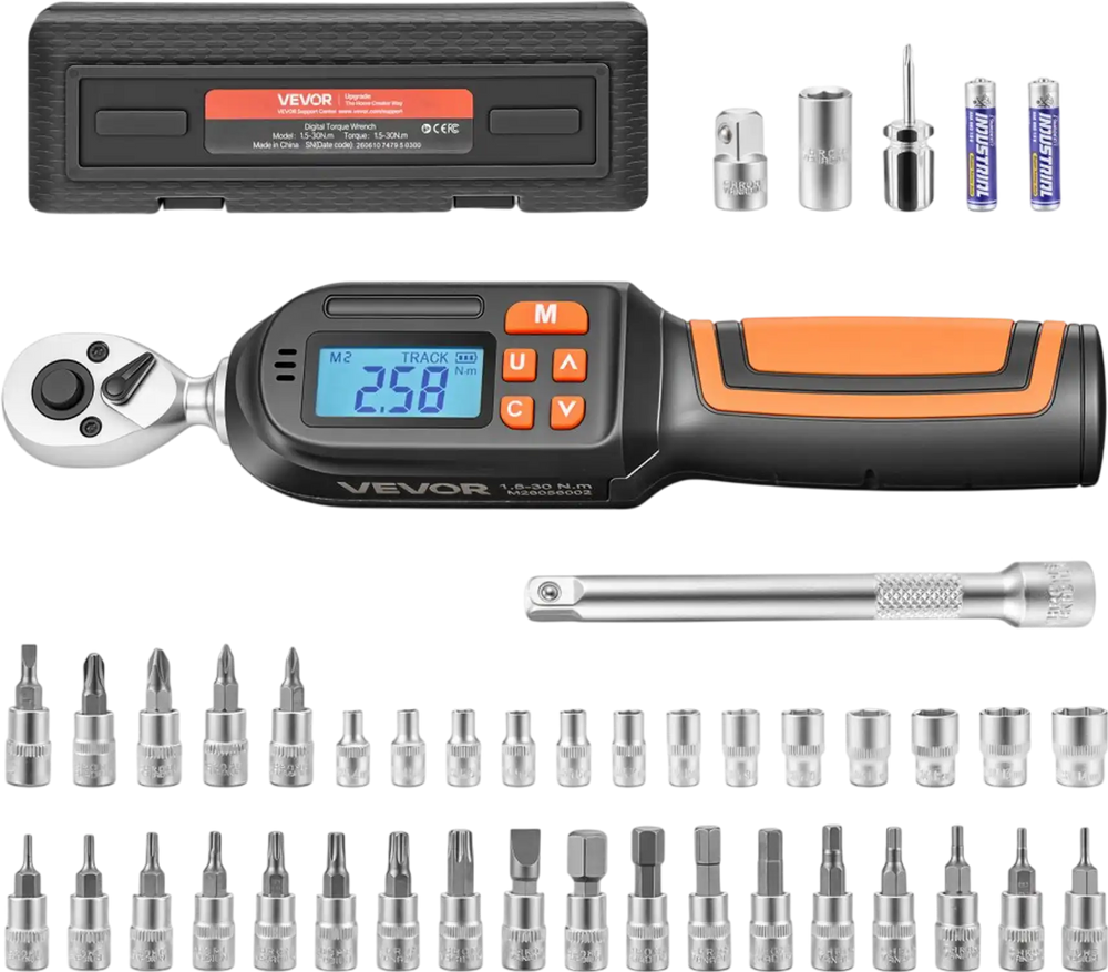 VEVOR Torque Wrench Set 1/4" Drive 42-Piece Digital Torque Wrench 4 Units, ±2% Accuracy, LCD Screen, with Buzzer and LED Indicator, with Sockets, Bits, Extension Bar, Adapter, for Automotive Repair