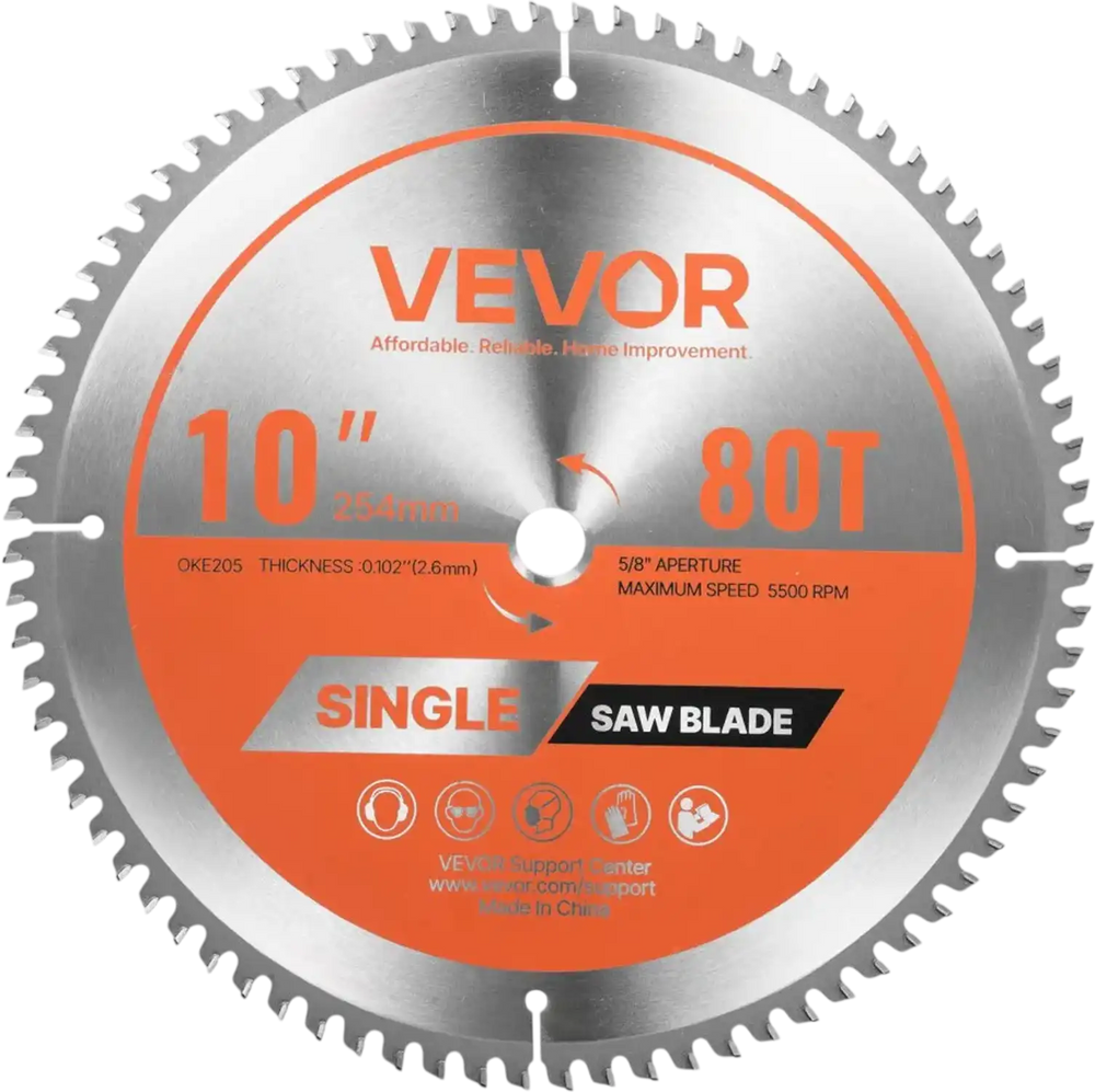 VEVOR Circular Saw Blade, 10 inch Diameter, 80 Sharp Alloy Teeth, 5/8 inch Arbor, Fine Finish, Aluminum Cutting Blade for Circular Saw, with Noise-Reducing Heat Vents, for Cutting Steel and Metal