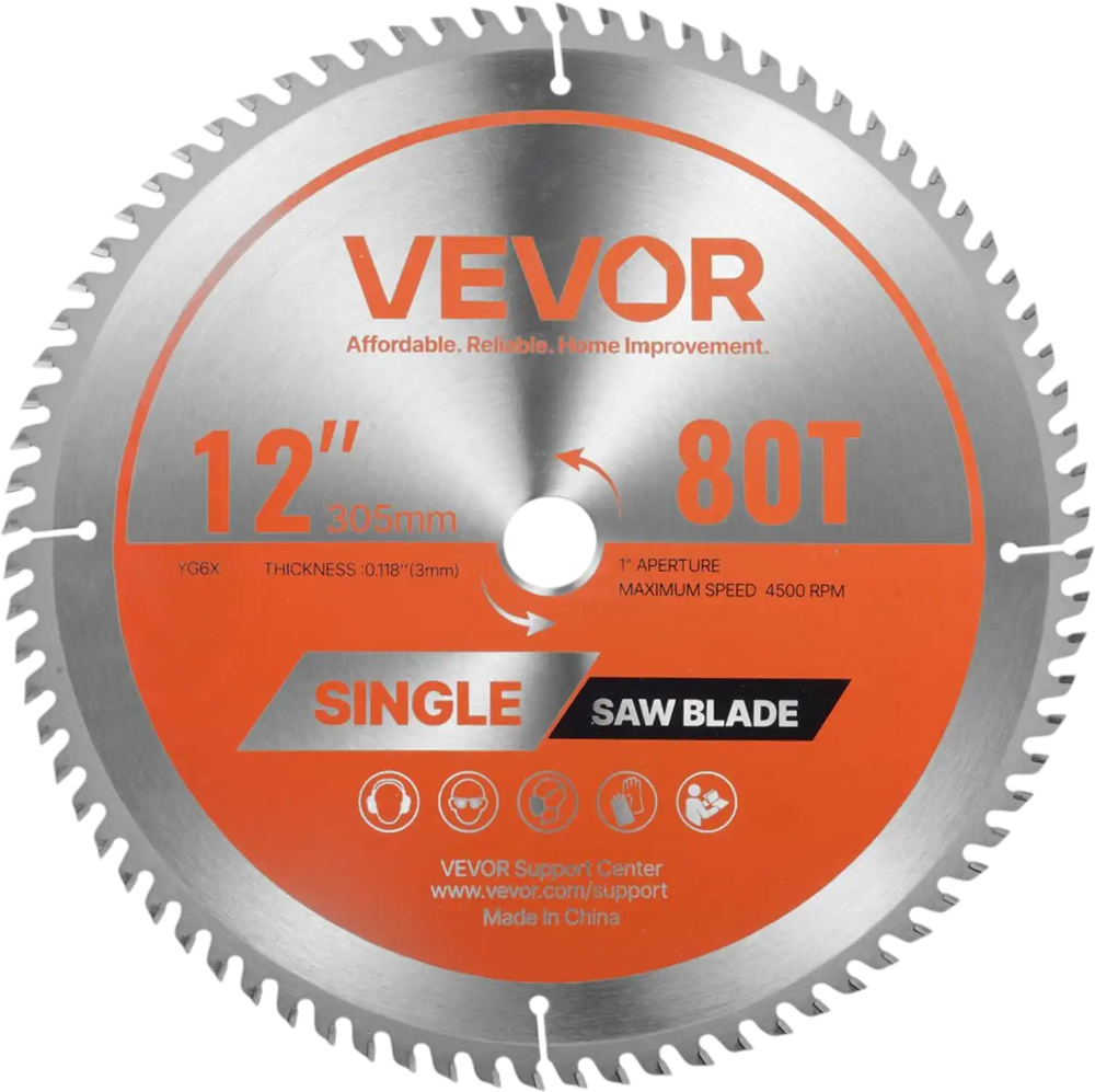 VEVOR Circular Saw Blade, 12 inch Diameter, 80 Sharp Alloy Teeth, 1 inch Arbor, Fine Finish, Wood Cutting Blade for Circular Saw, with Noise-Reducing Heat Vents, for Cutting Plywood, OSB, Hardwood