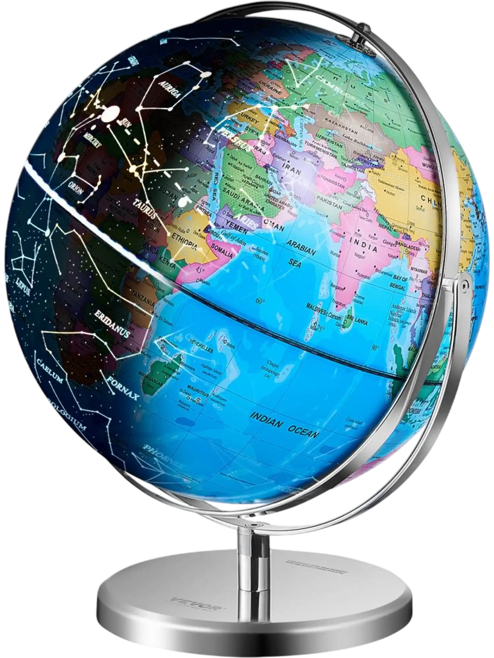 VEVOR Illuminated World Globe with Stand, 9 in/228.6 mm, Educational Earth Globe with Stable Heavy Metal Base and LED Constellation Night Light HD Printed Map, Spinning for Kids Classroom Learning
