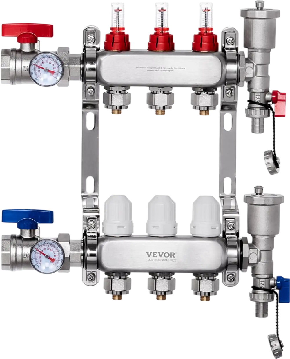 VEVOR 3-Branch Radiant Heat Manifold, 1/2" PEX Tubing Manifold, Stainless Steel PEX Manifold for Hydronic Radiant Floor Heating, Radiant Heat PEX Manifold Kit with 1/2" Adapters Included