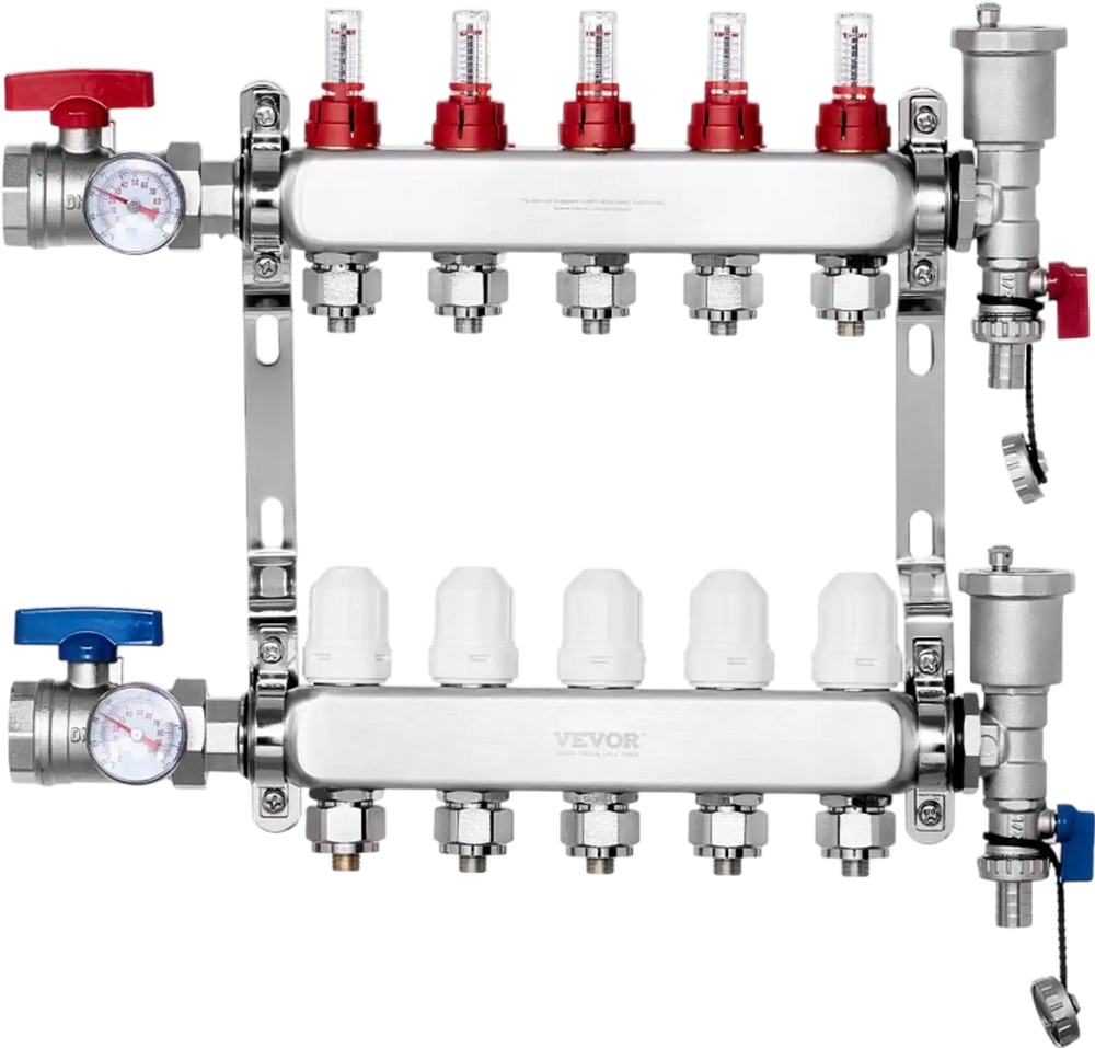 VEVOR 5-Branch Radiant Heat Manifold, 1/2" PEX Tubing Manifold, Stainless Steel PEX Manifold for Hydronic Radiant Floor Heating, Radiant Heat PEX Manifold Kit with 1/2" Adapters Included
