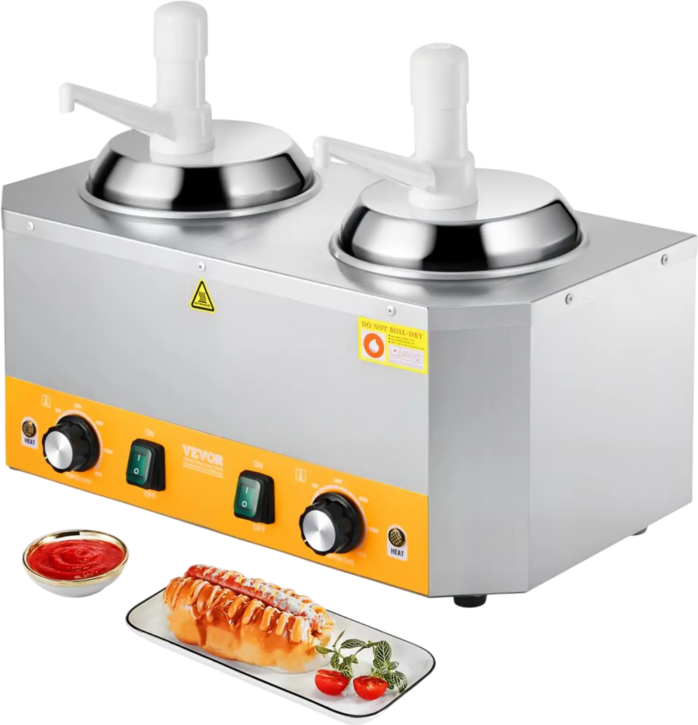 VEVOR Electric Cheese Dispenser with Pumps, 2.4x2 L Commercial Hot Fudge Warmer, Plastic Double Pumps Dispenser, 86-230℉ Temp Adjustable Nacho Cheese Sauce Warmer, for Hot Fudge Cheese Caramel