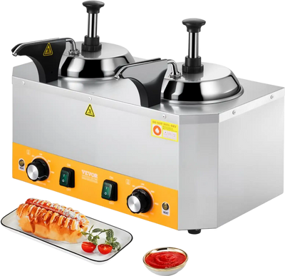 VEVOR Electric Cheese Dispenser with Pumps, 2.4x2 L Commercial Hot Fudge Warmer, Stainless Steel Heated Double Pumps Dispenser, 86-230℉ Temp Adjustable Nacho Cheese Warmer for Fudge Cheese Caramel
