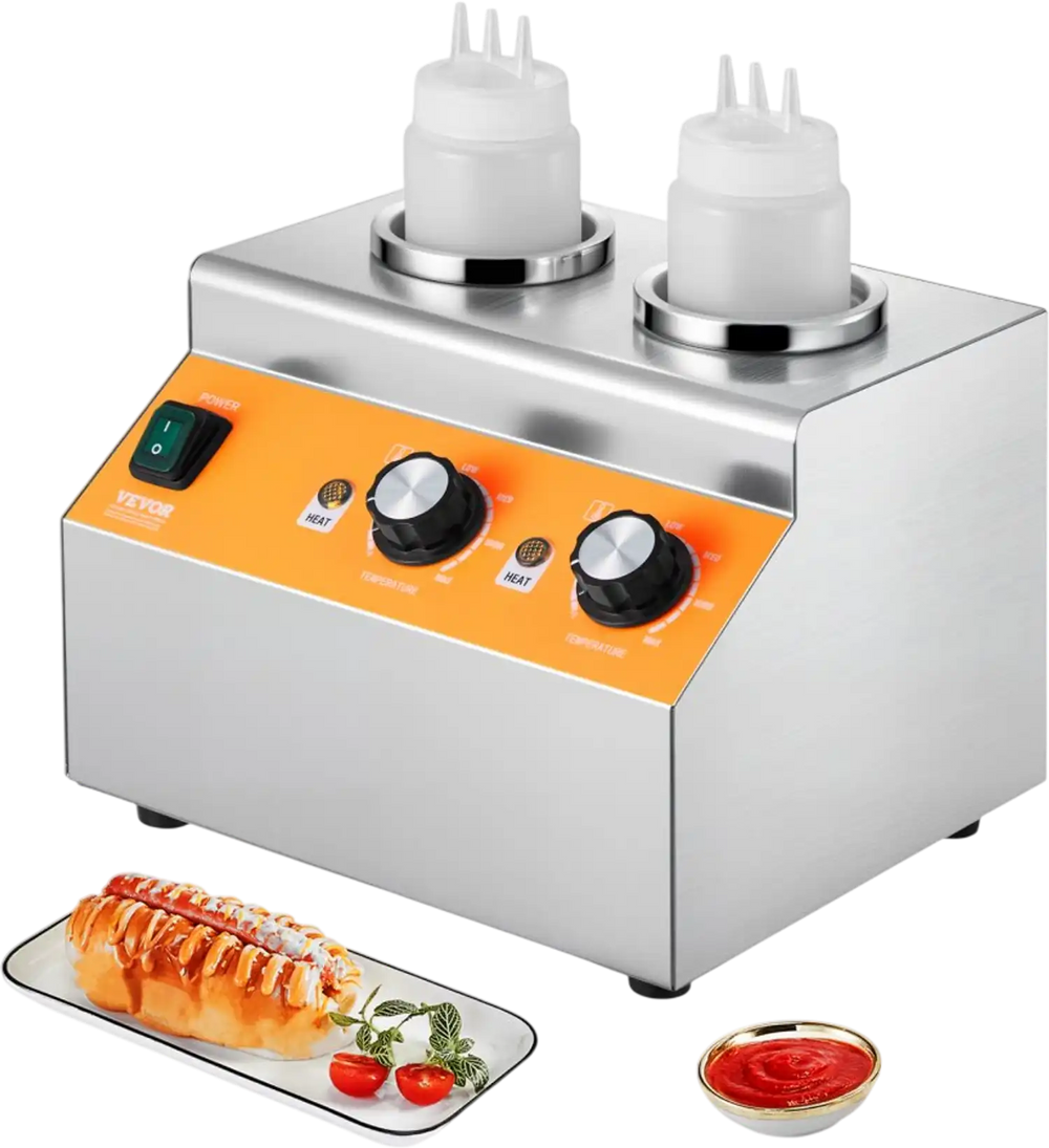 VEVOR Electric Bottle Warmer with Bottles, 0.8x2 LCommercial Cheese Dispenser, Hot Fudge Warmer 86-185℉ Temp Adjustable, Plastic Double Bottles Nacho Cheese Warmer, for Hot Fudge Cheese Caramel