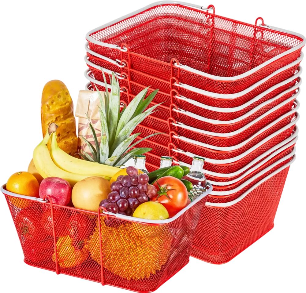 VEVOR Shopping Baskets, 12 PCS, 22L Stackable Metal Grocery Baskets with Handles, Dense Mesh Structure, Holds up to 44 lbs, Portable for Grocery, Retail, Stores, Supermarket, Bookstore, Home Use, Red