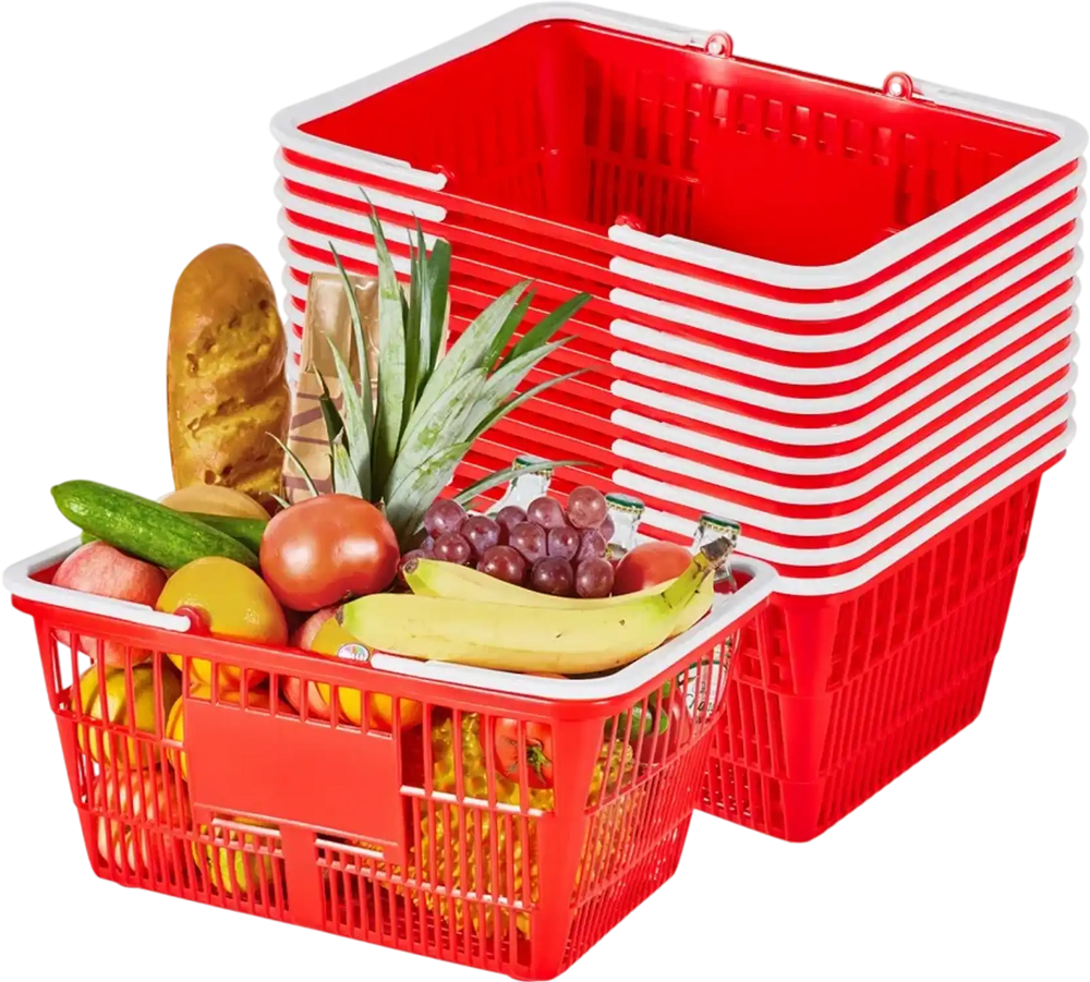 VEVOR Shopping Baskets, 12 PCS, 21L Stackable PE Plastic Grocery Baskets with Handles, Dense Mesh Structure, Holds up to 20 lbs, Portable for Grocery, Retail, Stores, Supermarket, Home Use, Red
