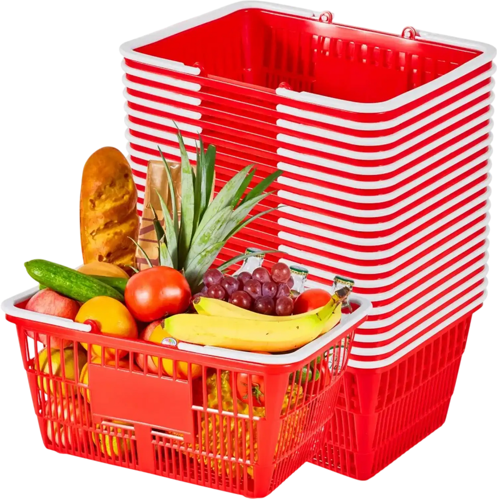 VEVOR Shopping Baskets, 20 PCS, 21L Stackable PE Plastic Grocery Baskets with Handles, Dense Mesh Structure, Holds up to 20 lbs, Portable for Grocery, Retail, Stores, Supermarket, Home Use, Red