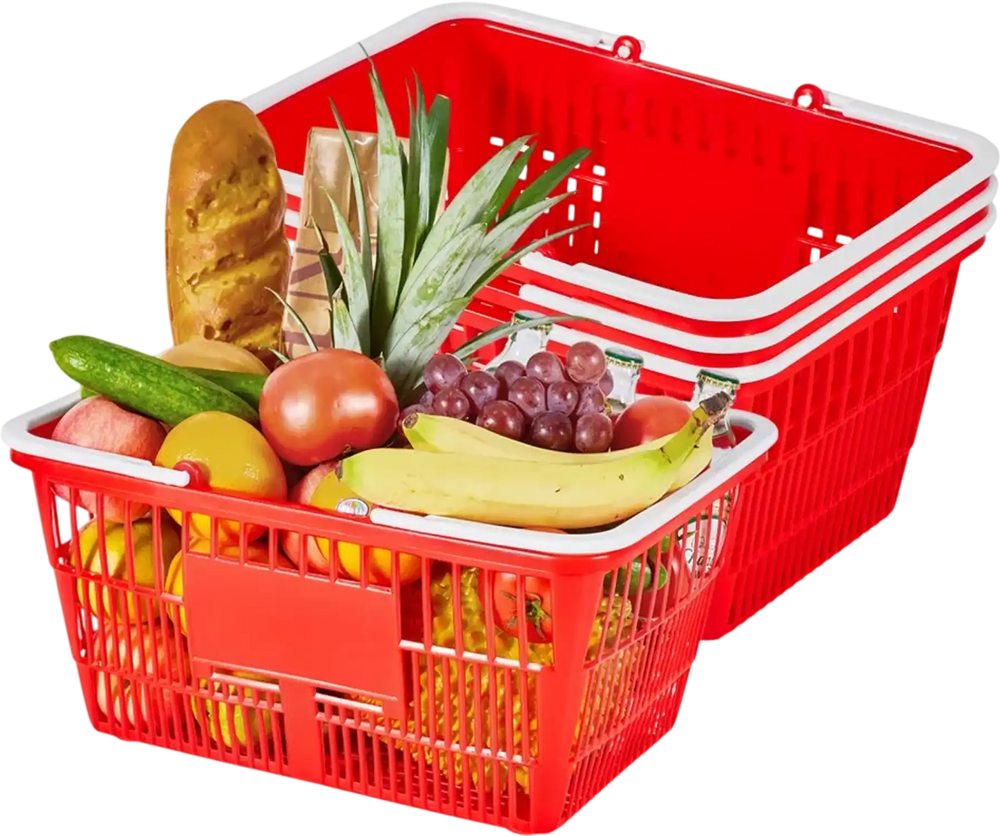 VEVOR Shopping Baskets, 4 PCS, 21L Stackable PE Plastic Grocery Baskets with Handles, Dense Mesh Structure, Holds up to 20 lbs, Portable for Grocery, Retail, Stores, Supermarket, Home Use, Red