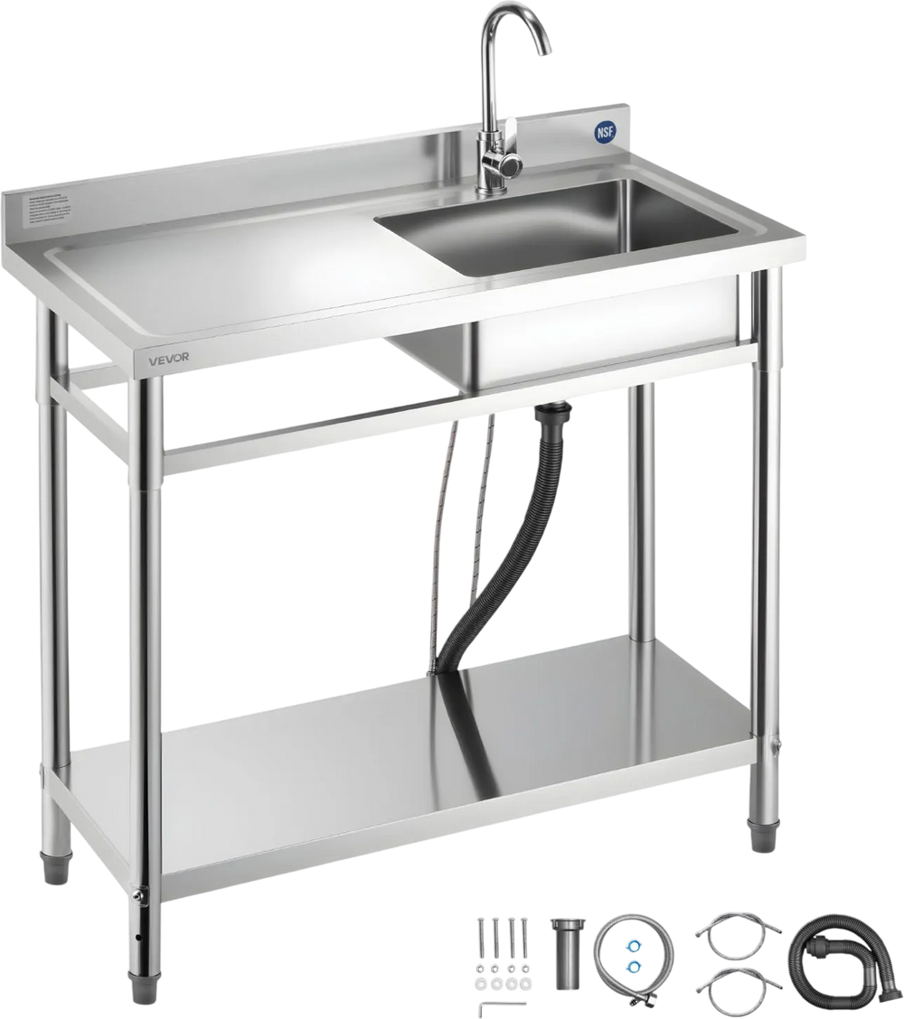 VEVOR Stainless Steel Utility Sink, Free Standing Single Bowl Commercial Kitchen Sink with Faucet, 39.4 x 19.7 x 37 in, Utility Left Basin with Hot & Cold Water Pipe for Garage, Restaurant, Laundry