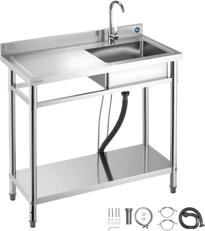 VEVOR Stainless Steel Utility Sink, Free Standing Single Bowl Commercial Kitchen Sink with Faucet, 39.4 x 19.7 x 37 in, Utility Left Basin with Hot & Cold Water Pipe for Garage, Restaurant, Laundry