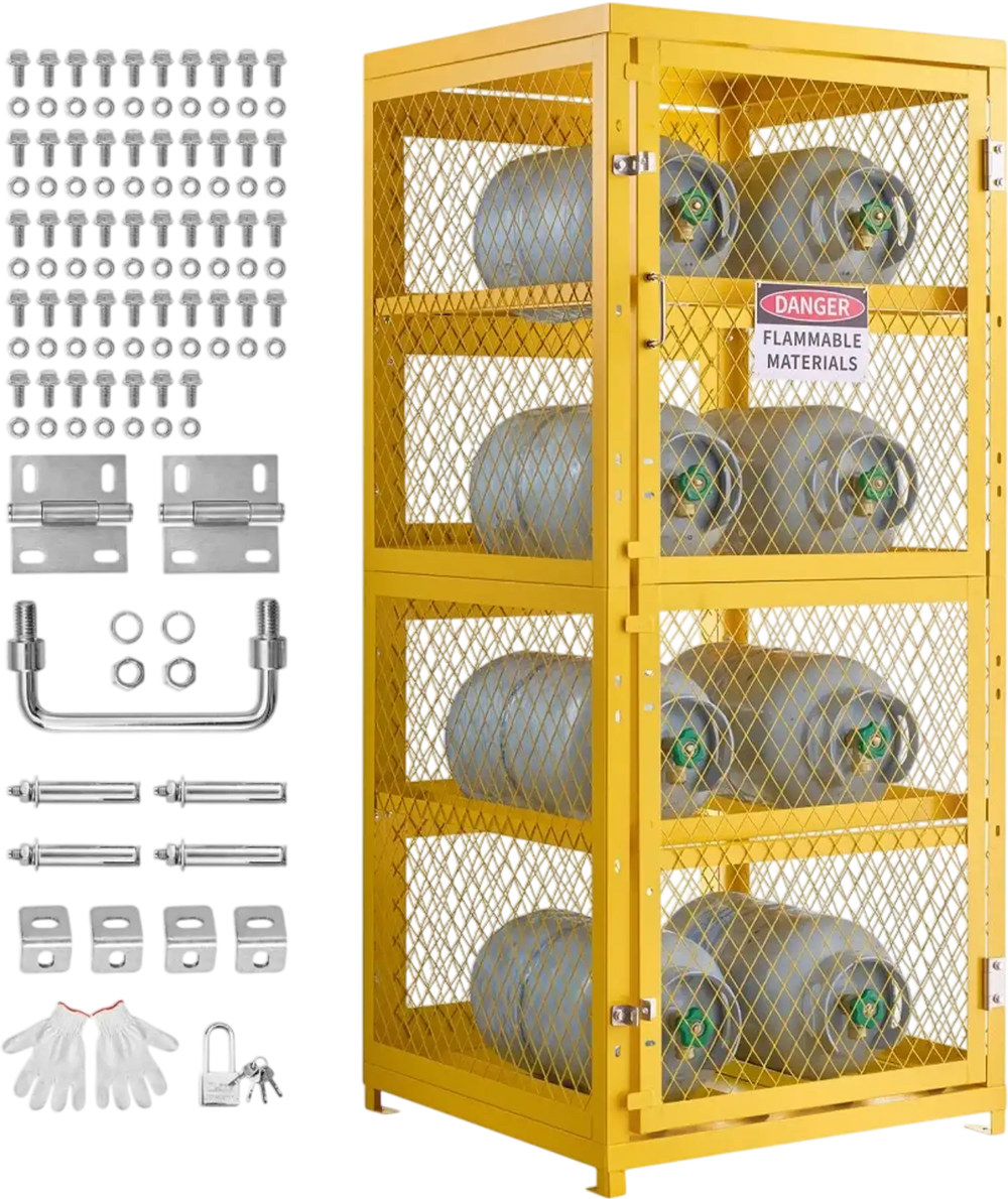 VEVOR Horizontal Cylinder Storage Cabinet, 30"L x 30"W x 70.3"H, 8 Cylinder Capacity, 4-Tier Propane Storage Cage, with Lock and Keys, Yellow Powder-Coated Carbon Steel, for Propane, Oxygen, Nitrogen