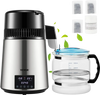 VEVOR 1.1Gal Water Distiller, 0.4Gal/H, Distilled Water Maker Machine 1750W 0-99H Timing Dual Temp Display, 304 Stainless Steel Countertop Distiller Glass Carafe Cleaning Powder 3 Carbon Packs, Silver