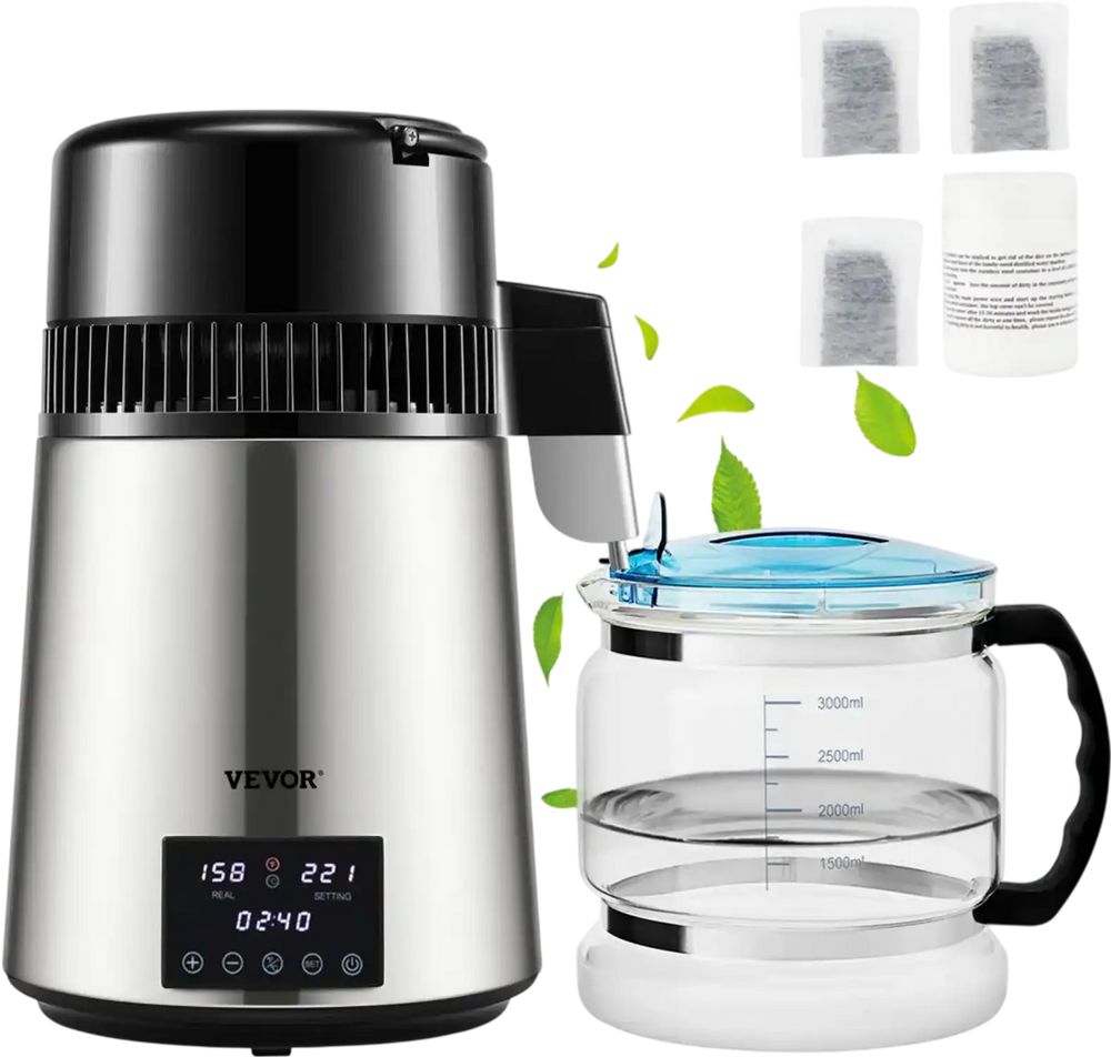 VEVOR 1.1Gal Water Distiller, 0.4Gal/H, Distilled Water Maker Machine 1750W 0-99H Timing Dual Temp Display, 304 Stainless Steel Countertop Distiller Glass Carafe Cleaning Powder 3 Carbon Packs, Silver