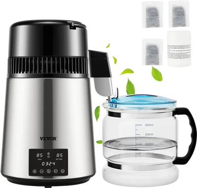 VEVOR 1.1Gal Water Distiller, 0.3Gal/H, 750W Distilled Water Maker Machine 0-99H Timing Dual Temp Display, 304 Stainless Steel Countertop Distiller Glass Carafe Cleaning Powder 3 Carbon Packs, Silver