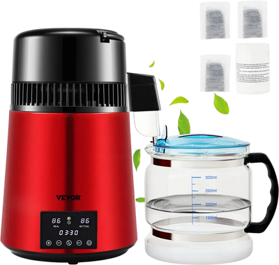 VEVOR 1.1Gal Water Distiller, 0.3Gal/H, 750W Distilled Water Maker Machine 0-99H Timing Dual Temp Display, 304 Stainless Steel Countertop Distiller Glass Carafe Cleaning Powder 3 Carbon Packs, Red