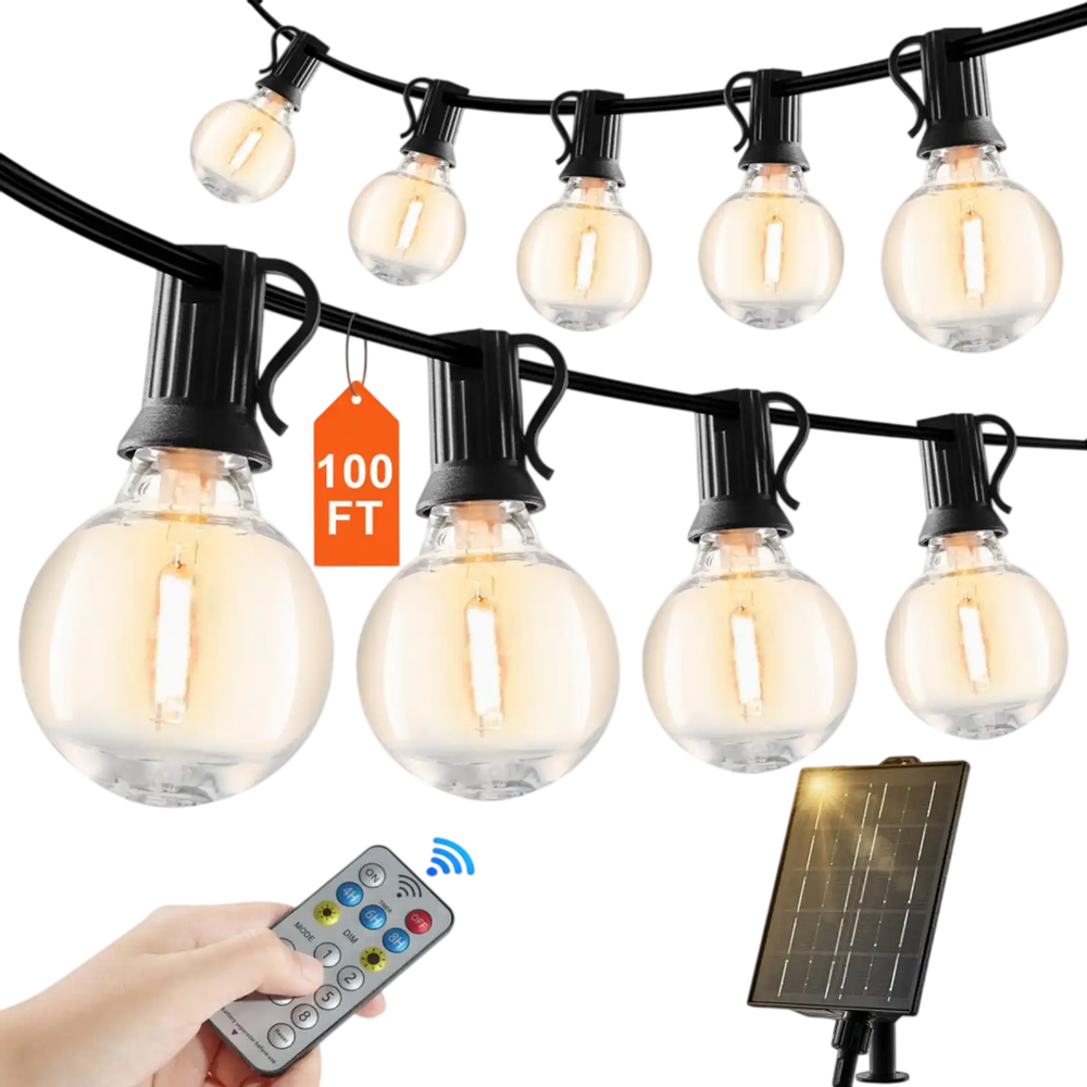 VEVOR Solar Outdoor String Lights, 100FT, 2700K Dimmable Patio Lights with Remote Control, 50 Solar Powered LED G40 Bulbs, Waterproof Hanging Lights for Outside Porch Backyard Garden Bistro Decor