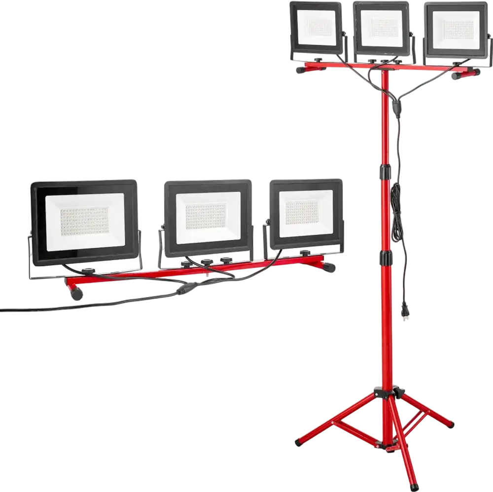 VEVOR LED Work Light with Stand, 15000 Lumens, Three-Head Portable Camping Light with Individual Switch, Tripod Stand, 10.83 ft Power Cord, for Indoor Outdoor Job Site Construction, IP65 Waterproof